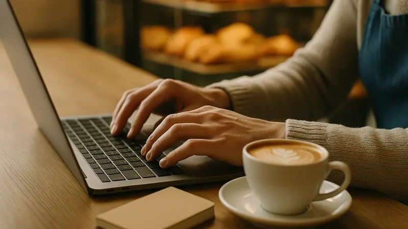 Hände tippen auf einer Laptop-Tastatur am Café-Tresen neben einem Cappuccino