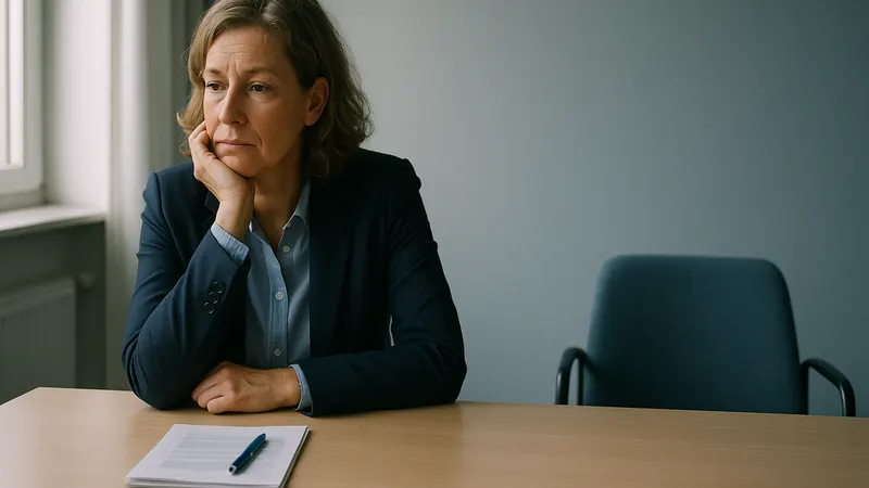 Geschäftsführerin eines kleinen Betriebs sitzt allein im Besprechungsraum, vor ihr ein leerer Stuhl