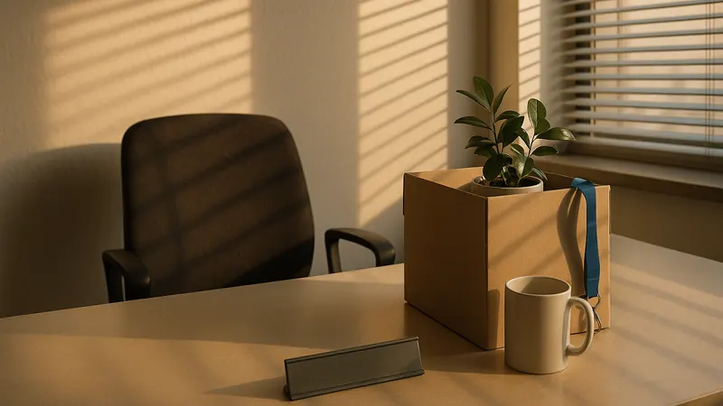 Verlassener Bürotisch mit Umzugskarton, Pflanze und Tasse im Abendlicht
