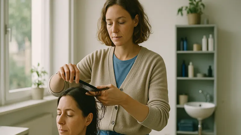 Friseurin im hellen Salon beim Schneiden, im Hintergrund Spiegel und Waschplatz