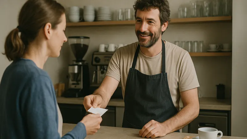Café-Inhaberin überreicht einem Gast an der Theke den Kassenbon und lächelt
