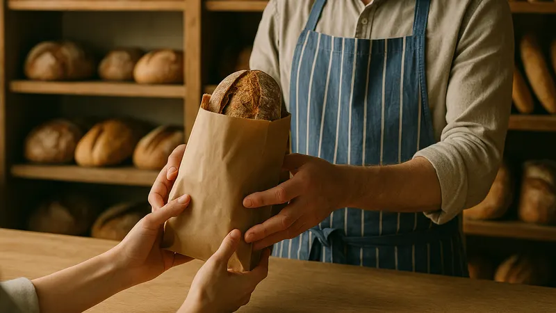 Bäckereitresen am Morgen, Kunde nimmt eine Papiertüte mit Brot entgegen