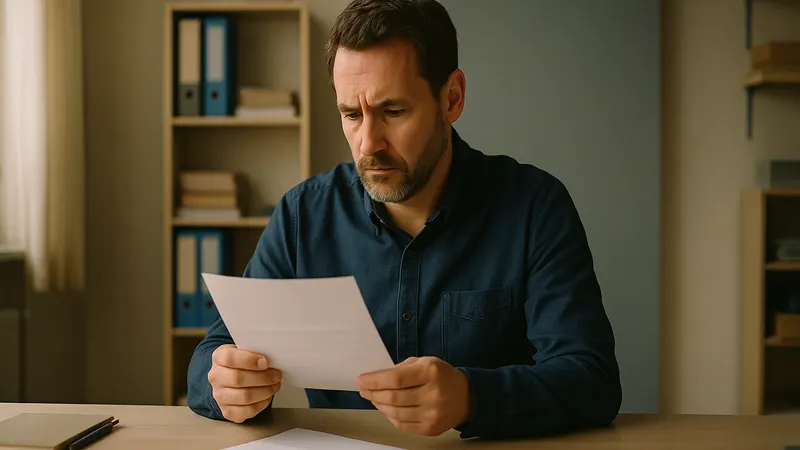 Unternehmer liest am Schreibtisch konzentriert einen Brief, der Umschlag liegt daneben