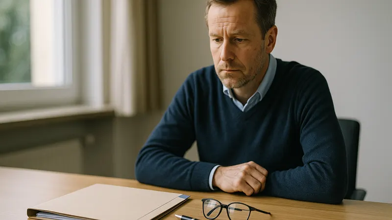 Aufgeräumter Schreibtisch mit Papierakte, Lesebrille und Füller im Tageslicht