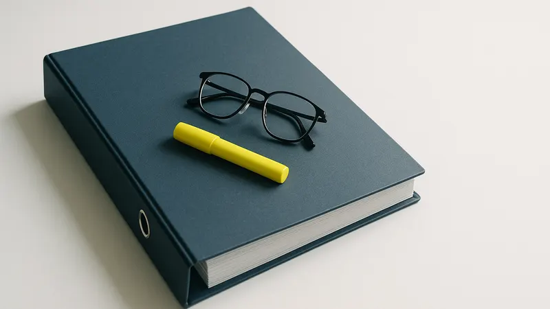 Geschlossener blauer Ordner mit Textmarker und Lesebrille auf weißem Tisch