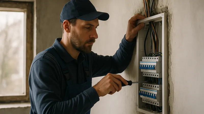 Elektriker montiert eine Unterverteilung in einem Neubau