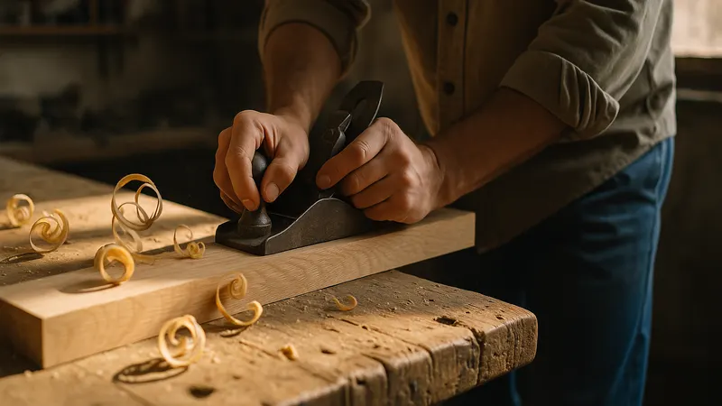 Hände eines Schreiners hobeln ein Eichenbrett auf der Werkbank
