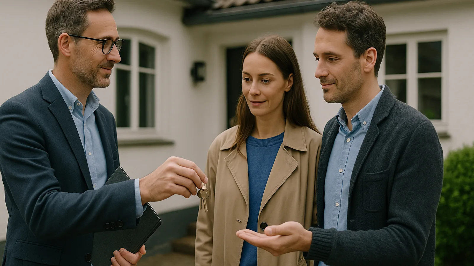 Maklerin übergibt einem Paar die Schlüssel vor einem Einfamilienhaus