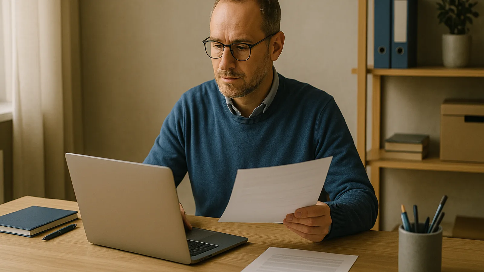 Unternehmerin am Schreibtisch vergleicht Angebote auf dem Laptop