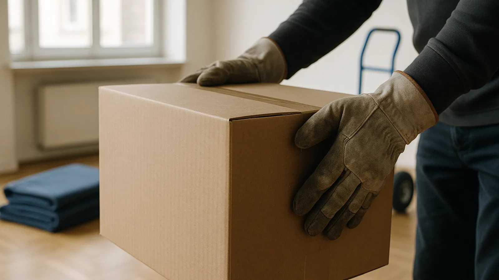 Hände in Arbeitshandschuhen heben einen Umzugskarton in einer leeren Wohnung, Sackkarre und blaue Decken im Hintergrund